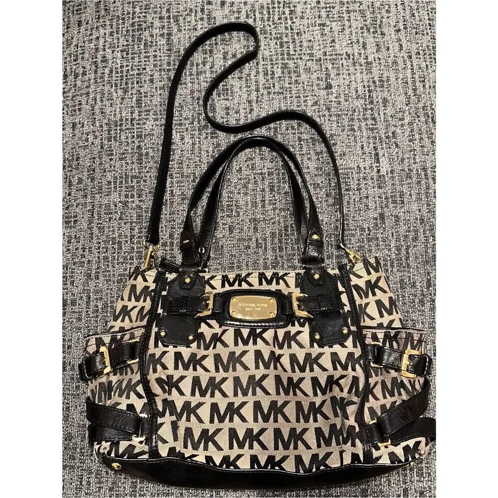 Michael Kors Large Zip Crossbody Bag with Top Handle Black canvas Monogram
